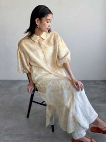 FRIFUL Women's Floral Print Puff Sleeve Oversized Extra Long Shirt Long Sleeve Top - Apricot - View 8