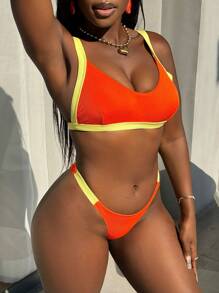 Swim SPRTY Women's Neon Orange Contrast Color Activewear Bikini Set, For Summer Beach Vacation - Multicolor - View 4