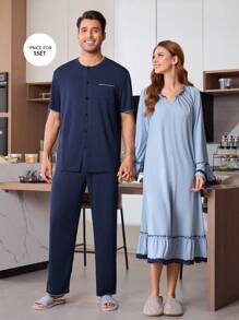 CoupledUp 1 Set Men Solid Color Casual Round Neck Open Front Single Pocket Short Sleeve Pants Pajamas - Navy Blue - View 6