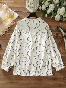 Lacomfia Elegant V-Neck Digital Print Plus Size Shirt