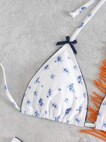 Swim Mod Women's Romantic Holiday Cute Blue & White Porcelain Ditsy Floral Print Triangle Bikini Set , For Summer Beach Vacation - Multicolor - View 4