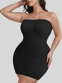 2pcs/Set Plus Size Seamless Solid Color Bandeau Figure-Flattering Casual Dress - Black - View 6