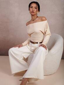 COSMINA Women Off Shoulder Long Sleeve Ruffle Solid Color Casual Top