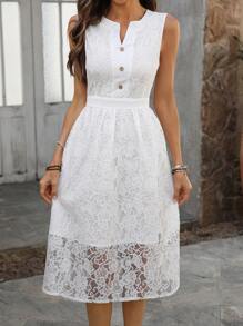 SHEIN LUNE Damen Kleid mit Blumen Spitze, Knopfverschluss, ärmellos, knöchellang - Weiss - Übersicht 6