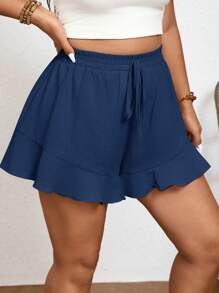 SHEIN Elaquor Quần short màu trơn cỡ lớn có viền xếp nếp kiểu Pháp - Màu xanh hải quân - Xem 11