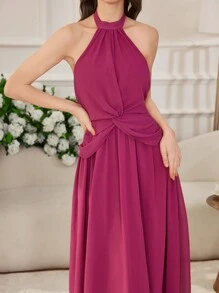 Modelyn 女士露背锁眼雪纺长裙，法式紧身连衣裙，无袖 V 领宽松休闲太阳裙 - 中紫紅色 - 查看 3