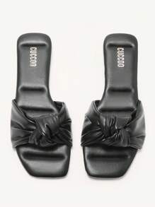 CUCCOO CHICEST Women's Summer New Knotted Design Square Toe Flat Elegant Casual Basic Comfortable Black Faux Leather Ladies Flat Sandals, Flip Flops, Beach Shoes, Versatile Resort Style For Hawaii Beach