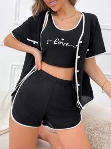 3 Pcs/Set Casual Love Letter Pattern Contrast Trim Women's Pajama Set - Black - View 1
