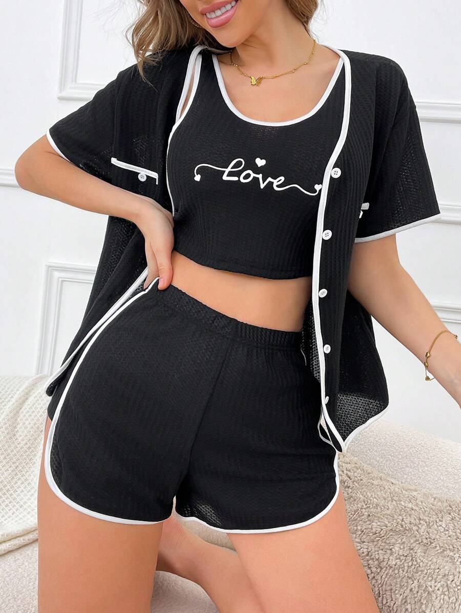 3 Pcs/Set Casual Love Letter Pattern Contrast Trim Women's Pajama Set - Black - View 1