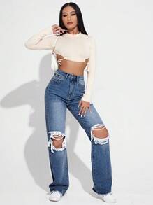 SHEIN EZwear 女士夏季破洞阔腿牛仔裤 - 中等水洗藍 - 查看 3