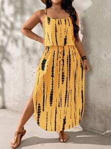 SHEIN LUNE Plus Size Tie-Dye Waist Slit Camisole Dress, Skin-Friendly - Yellow - View 5