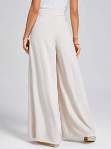 SHEIN LUNE 高腰褶皱斜口袋阔腿裤，女士优雅休闲度假长裤 - 杏色 - 查看 6