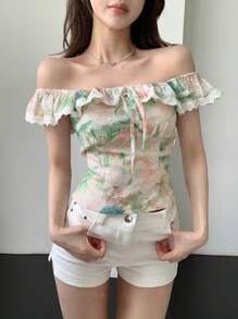 DAZY 花卉露肩短袖上衣，女士夏季度假扎染上衣邮轮女装，荷叶边，短款上衣，女士外出复活节上衣 - 綠色 - 查看 3