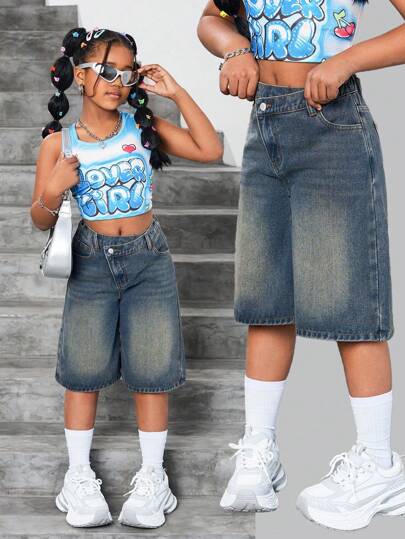 SHEIN Tween Girl Y2K Fashionable Vintage Washed Asymmetric Waist Loose Fit Blue Denim Bermuda Shorts ,For Girls Streetwear Outfits