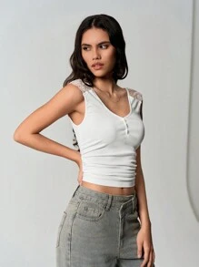 SHEIN Unity Lace Patchwork Deep V-Neck Button Short Sleeve T-Shirt - White - View 3