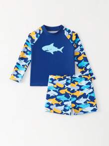 SHEIN 2 Stücke Baby Jungen Badeanzug Set, süßer Cartoon Hai Muster Farbblock Langarm Strick Top & Badeshorts, Tankini Badeanzug Set