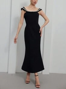 Chiquease Elegant High-End Formal Party Long Dress With Beaded Off Shoulder Collar Design, Slim Fit Enhances Figure   Old Money Style For Summer Spring Fall Autumn - Black - View 3