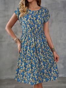 EMERY ROSE 女款花卉印花圓領蝙蝠袖休閒波希米亞風洋裝，適合度假、夏季洋裝、春季服飾，度假藍色花卉 - 彩色 - 查看 4