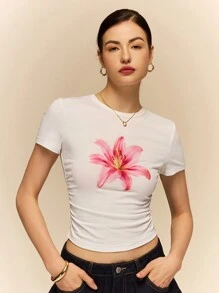 Poéselle Women Floral Print Round Neck Short Sleeve Casual T-Shirt - White - View 1