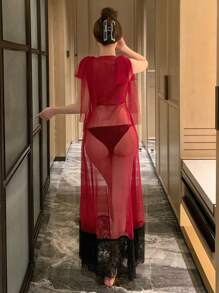 DAZY Sheer Mesh Colorblock Lace Patchwork Tie Shoulder Backless Maxi Dress, Sexy Women Nightgown - Burgundy - View 2