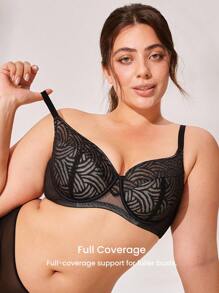 LUVLETTE 加黑色内衣休闲曲线透明全覆盖支撑透气钢圈性感无衬里蕾丝优雅网眼迷你文胸 - 黑色 - 查看 6