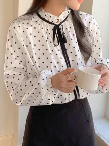 FRIFUL Camisa suelta de mujer con cuello de corbata a lunares, conjunto de primavera para citas y eventos
