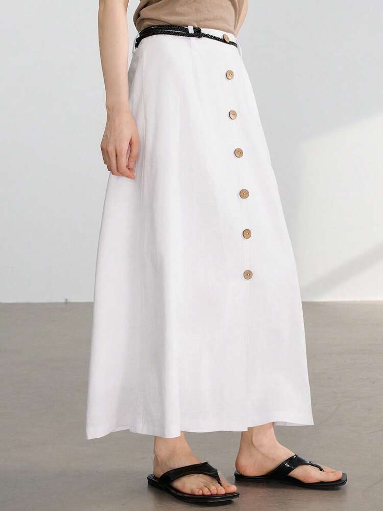 Women's Business Casual Loose Waist Drawstring Button Decor 100% Linen Solid Color Skirt Old Money Style