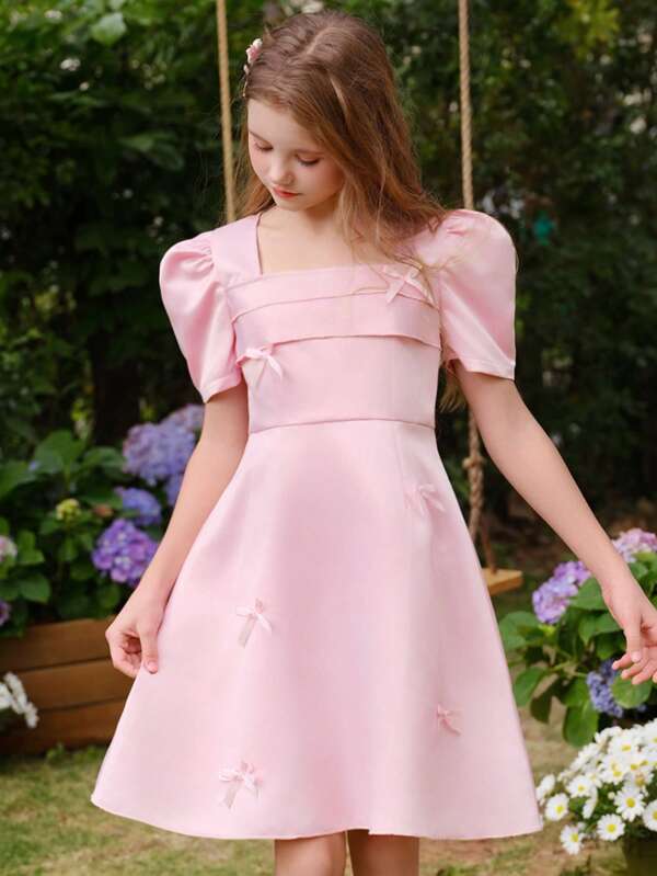 Wildeya Tween Girls Satin 3D Cinched Waist Square Collar A-Line Dress, Elegant Cute Pink