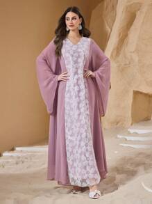 Al Najma 女士 V 领亮片刺绣喇叭袖宽松朴素浪漫优雅土耳其和阿拉伯传统长裙、卡夫坦和贾拉比亚 - 粉色 - 查看 3