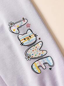 SHEIN 1pc Girls' Elastic Waist Pants With "LOVEY" English Print And Cute Cat Heart Pattern, Knitted, Casual, Suitable For Spring/Autumn Daily Outings, Commute, Sports, Light Purple Sweatpants - Mauve Purple - View 5