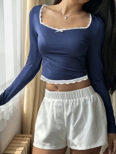 SHEIN Teen Girl Lace Bow Decor Fitted Long Sleeve T-Shirt, Comfortable Autumn/Winter, Suitable For Party, Street, Back To School