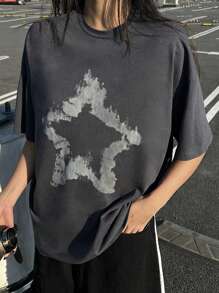 DAZY Women Ink Starry Print Round Neck Drop Shoulder T-Shirt Graphic Tee Oversized T-Shirt - Dark Grey - View 6