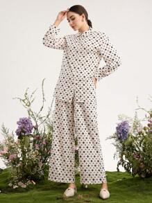 Graceveil 2pcs/Set Women Printed Collared Button-Up Long Sleeve Elasticized Waist - Multicolor - View 3