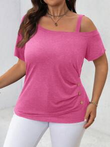 SHEIN LUNE Camiseta casual de manga corta con hombros descubiertos y abotonada, talla grande, para uso diario, estilo boho "Old Money"