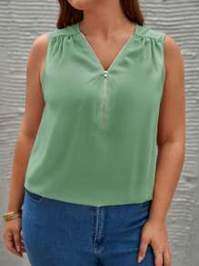 SHEIN LUNE Plus Size Casual Solid Color Sleeveless Shirt - Mint Green - View 5