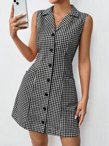 SHEIN EZwear 休闲通勤格子印花无袖前扣短连衣裙 - 黑與白 - 查看 4