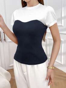 Modelyn 女士撞色立领短袖修身休闲 T 恤