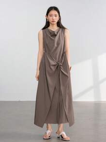 Dazy-Less Vestido de mujer de media pantorrilla con cuello con cordón, botones y diseño de lino de unicolor, estilo antiguo casual, para el verano