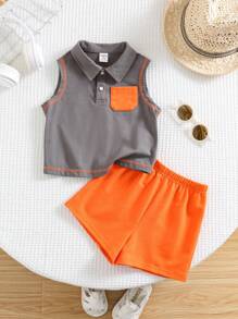 SHEIN 2 Teile Set für Baby Jungen/Mädchen, bestehend aus kontrastfarbigem gestricktem weichem ärmellosen Top und Shorts mit Gummibund