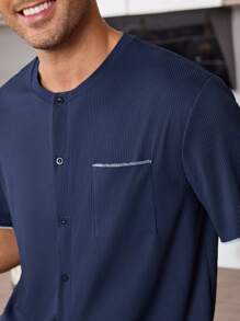 CoupledUp 1 Set Men Solid Color Casual Round Neck Open Front Single Pocket Short Sleeve Pants Pajamas - Navy Blue - View 5