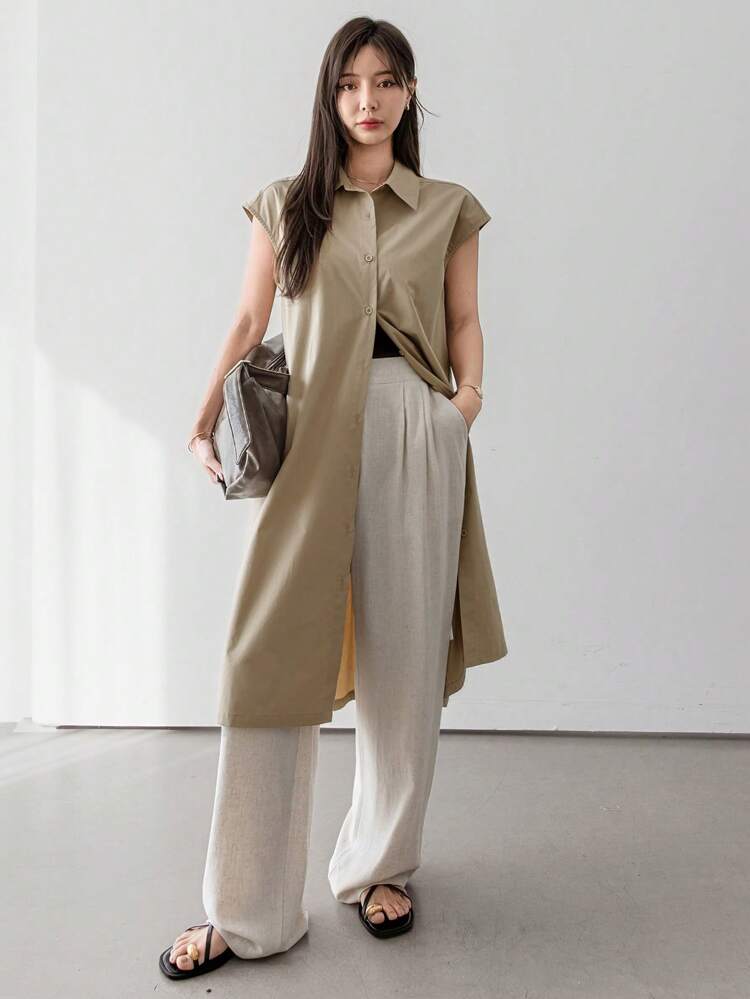 Women's Long Casual Loose Plain Color Simple Short Sleeve Shirt Business Casual Woman Work Clothes