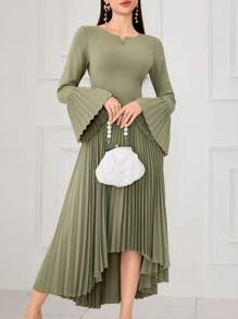 Modelyn Vestido largo elegante de mujer con manga acampanada y plisado en unicolor - Verde Oliva - Ver 3