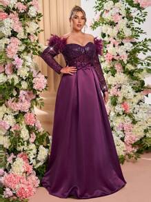 Glamrae 大码优雅浪漫紫色露肩长袖透视奢华亮片拼接 A 字长礼服、婚礼宾客礼服（羽毛肩）、派对礼服、晚礼服、长袍 - 淺灰紫 - 查看 6