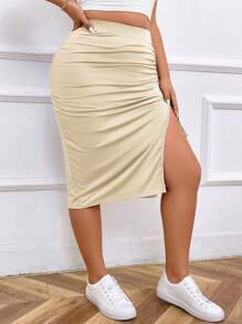 SHEIN Essnce Plus Size Women Solid Color Pleated Side Slit Skirt - Khaki - View 5