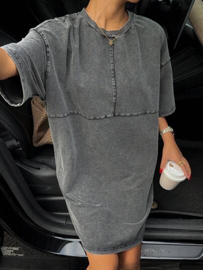 SHEIN EZwear Vestido casual de manga corta, cuello redondo, talla grande, color negro