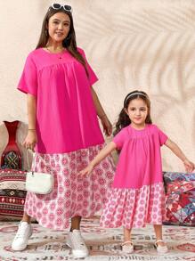 SHEIN Essnce Damen Große Größen Frühling und Sommer Mode Lässig locker täglich komfortables rosa Kurzarm konservatives langes Kleid, Sommer Outfits für Frauen, Kleidung für Mutter und Tochter, Urlaubsoutfits Frau - Pink - Übersicht 1