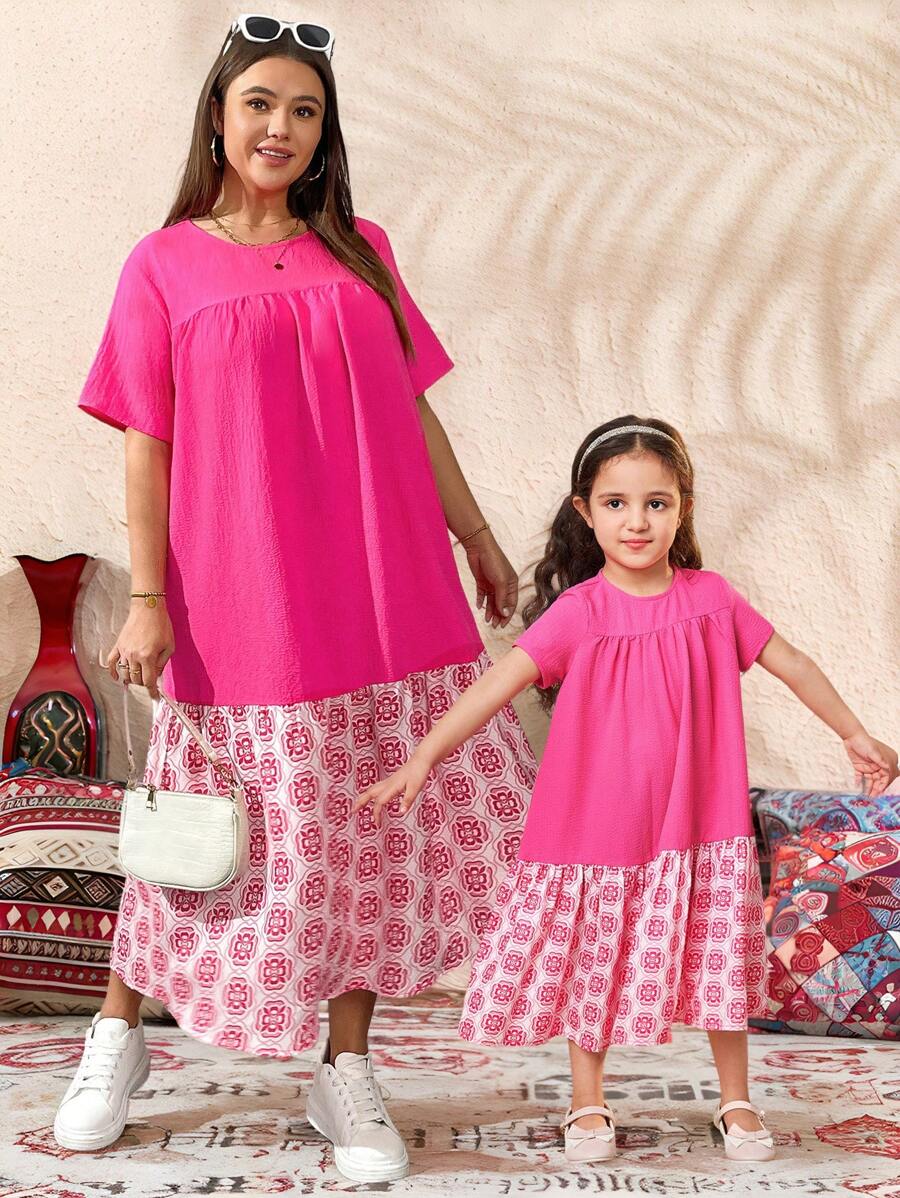 SHEIN Essnce 大码女装春夏时尚休闲宽松日常舒适粉色短袖保守长裙，女装夏季服装，母女装，度假服装女士 - 粉色 - 查看 1