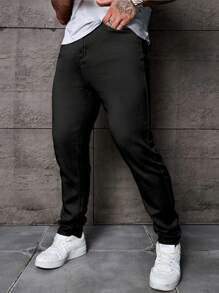 Manfinity Homme سروال جينز جيب سادة كاجوال بسيط، للارتداء اليومي - الأسود - مشاهدة 4