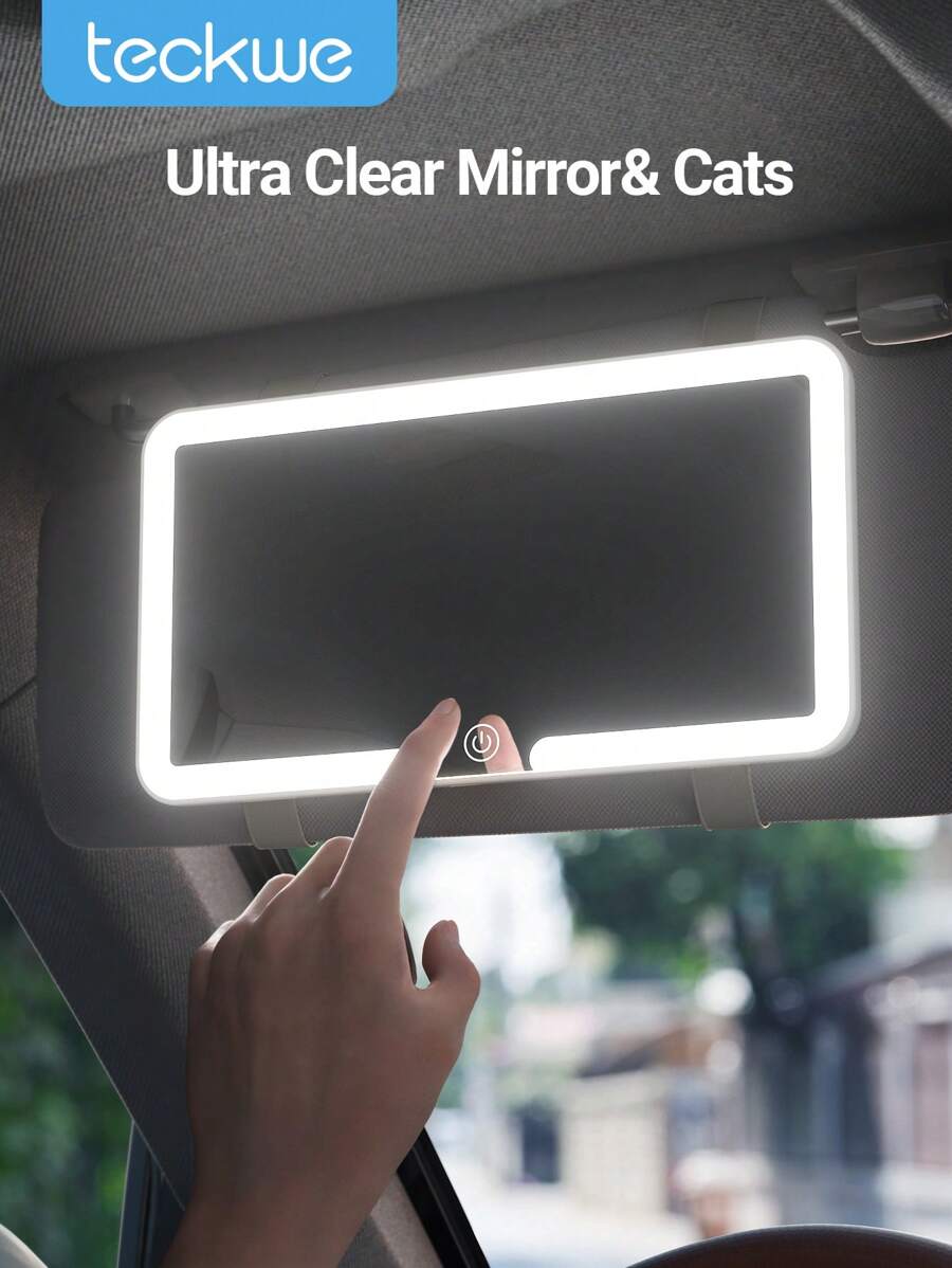 Teckwe Car Sun Visor LED Cosmetic Mirror,Rechargeable Lighted Makeup Mirror,Dimmable 3 Lighting Modes,Clip-On Rear View Sun-Shading Cosmetic Mirror Touch Control Fit For Car