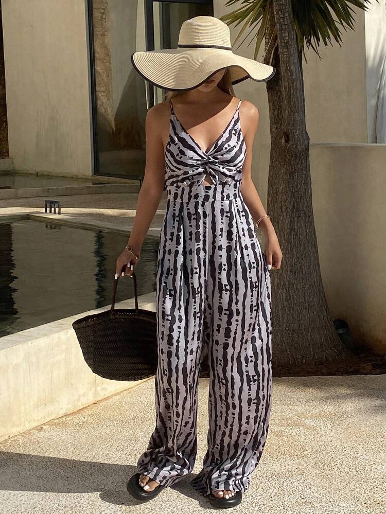 Women's Spaghetti Strap Hollow Out Twist Minimalist Casual Striped Jumpsuit Women Jumpsuits Vacation Jumpsuit Boho Jumpsuit For Women